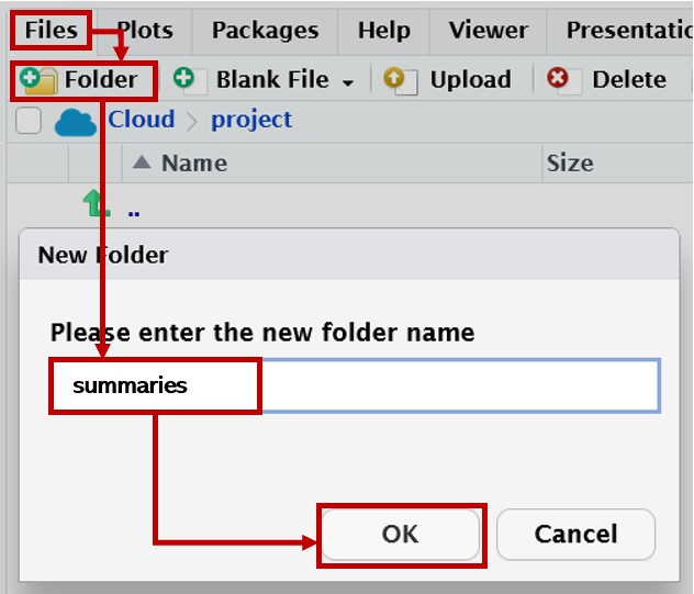 Screenshot of the Files pane with arrows showing the steps to create a new folder