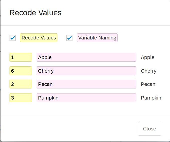 The Recode Values popup showing editing both values and value labels.